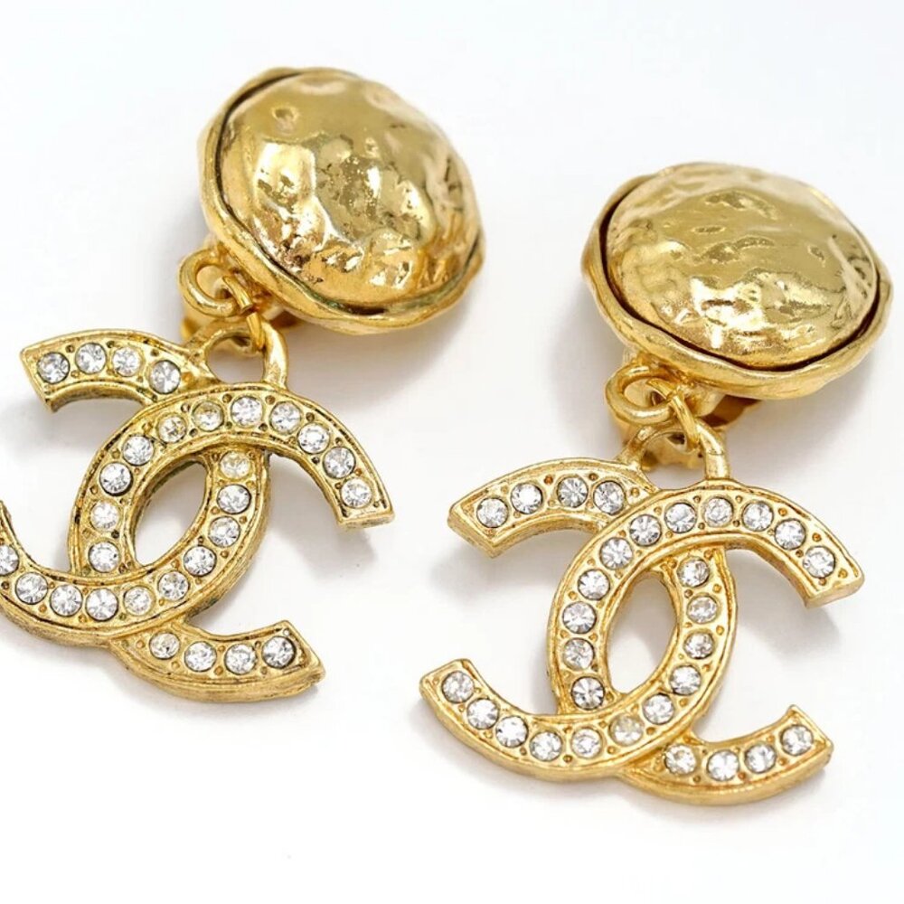 CHANEL CC Logos Rhinestone Round Drop Earrings Gold Tone Auth w/Box c11280 - Picture 5 of 7